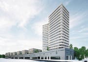 Wo heute an der Krienser Arsenalstrasse die Garage Epper steht, soll mindestens ein Hochhaus gebaut werden. (Bild: Visualisierung: PD)