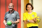 Damian Gwerer, Trainer von LK Zug, und Caro Emmenegger, Assistenztrainerin bei Spono Nottwil. (Bild: Eveline Beerkircher/Philipp Schmidli / Neue LZ)