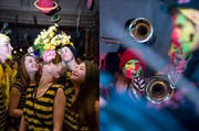 Bereit zum Abheben: die Bienen der Guuggenmusig Ratteschwänz (links) und bereit zum Einheizen: die Guuggenmusig Biberegagser aus Hasle. (Bild: Roger Grütter / Corinne Glanzmann)
