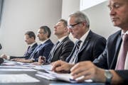 Die Luzerner Regierung, hier bei der Präsentation des Budget 2017 (von links): Reto Wyss, Guido Graf, Marcel Schwerzmann, Robert Küng und Paul Winiker. (Bild: Nadia Schärli (Luzern, 28. Juni 2017))