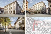 So könnten (von unten links im Uhrzeigersinn) die südliche Burgerstrasse, Bahnhofstrasse und Zugang Franziskanerplatz sowie der Philipp-Anton-von-Segesser-Platz mit Natursteinen künftig aussehen. (Bilder PD)