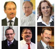 Die sechs Kandidaten für die Gesamterneuerungswahl des Obwaldner Regierungsrates. Oben (v.l.): Niklaus Bleiker (CVP), Hans Wallimann (CVP), Esther Gasser Pfulg (FDP); unten (v.l.): Paul Federer (FDP), Franz Enderli (CSP), Martin Odermatt (SVP). (Bilder Neue OZ)