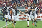 Juve-Jubel auch heute gegen Real Madrid? Von rechts: Leonardo Bonucci, Stephan Lichtsteiner, Andrea Pirlo und Angelo Ogbonna. (Bild: Freshfocus)