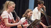 Sie feierten Hans Muffs Musik: Julia und Caroline Vogel mit Claudia Muff am Bass (oben), das Klarinettenensemble Kaspar-Muther-Project (rechts) und Carlo Brunner im Gespräch mit Moderator Kurt Zurfluh. (Bilder: Nadia Schärli (Menznau, 9. April 2016))