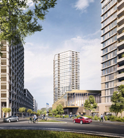 So muss man sich die Pilatus-Arena mit Wohn- und Gewerbegebäuden vorstellen. Blick vom Mattenplatz Richtung Bahnhof Kriens-Mattenhof. (Bild: Visualisierung: Raumgleiter AG, Zürich)