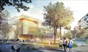 Visualisierung (kein architektonischer Entwurf) des Campus in der Suurstoffi in Rotkreuz. (Bild: PD)