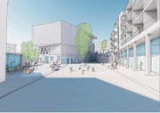 So soll der autofreie Chäsiplatz dereinst aussehen. Im Hintergrund ist das heutige Chäsihaus, das einen multifunktionalen Überbau erhält. Links ist das vom Hotel Bahnhof geführte Bistro, rechts einer der zwei neuen Wohn- und Gewerbekomplexe. (Bild: Visualisierung PD)