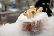 Gänseleberpraline umhüllt mit weisser Schokolade in Lollipop-Form, auf Trockeneis gekühlt.