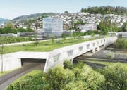 So stellt sich der Bund das Bypass-Tunnelportal in Kriens vor. Die Gemeinde fordert eine längere Überdachung. (Bild: Visualisierung PD)