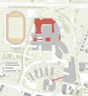 Die geplanten Teilprojekte in der Übersicht: 1: Erneuerung und Erweiterung der Klinik 2: Tiefgarage 3: Passerelle SHS - GZI (Bild: PD)