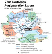 Neue Tarifzonen in der Stadt Luzern. (Bild: Grafik: web; ls. Quelle: Passepartout)