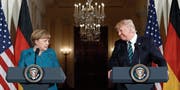 Angela Merkel und Donald Trump tauschten gestern überwiegend Nettigkeiten aus.Bild: Pablo Martinez/AP (Washington, 17. März 2017)
