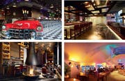 Vier von 17 Bars, die in einem neuen Führer aufgelistet sind (von links oben im Uhrzeigersinn): Bar Max (Luzern), Das weisse Schaf (Luzern), Lounge & Bar Suite (Luzern) und The Bar (Andermatt). (Bilder: PD)