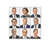Die Zuger Regierungsräte, obere Reihe von links nach rechts: Heinz Tännler, Manuela Weichelt-Picard, Matthias Michel. Mittlere Reihe von links nach rechts: Beat Villiger, Stephan Schleiss, Urs Hürlimann. Untere Reihe von links nach rechts: Martin Pfister, Landschreiber Tobias Moser und die stellvertretende Landschreiberin Renée Spillmann Siegwart. (Bild: PD)