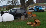 Nach dem Crash kollidierte das Auto noch mit Bienenkästen und Siloballen. (Bild: Luzerner Polizei)