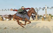 Reiter auf dem traditionellen Festival Souk Okaz bei Taif, was jedes Jahr Zehntausende Besucher anzieht. (Bild: Katharina Eglau)