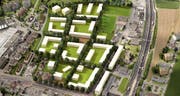 Die weissen Baukörper zwischen Mooshüsli-Badi und Wohncenter zeigen eine mögliche Anordnung der Gebäude. (Visualisierung pd)