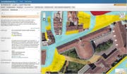 Blick auf die neue kantonale Raumkataster-Homepage. Auf dem Bild sieht man die Gefährdung durch Hochwasser (blau: mittel, gelb: gering) rund um das Luzerner Regierungsgebäude (blau umrandet). Im Text links finden sich die dazugehörigen Erklärungen. (Bild Screenshot)