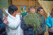 Die Kakaobauern Maria del Pilar Castillo und Oswaldo del Castillo nehmen eine Nase voll Schüpfheimer Heu.Bild: Dominik Wunderli (Schüpfheim, 21. November 2016)