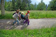 Ueli Bütikofer ist MS-Patient. In professioneller Begleitung genoss er am gestrigen Sonnentag den rollstuhlgängigen Wanderweg auf der Rigi. (Bild Nadia Schärli)