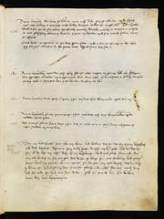 Fol. 22r des ältesten Bürgerbuchs der Stadt Luzern, COD 3655, mit der ersten Erwähnung der Schlacht bei Sempach 1386 (oberster Eintrag) (Bild: Staatsarchiv Luzern)