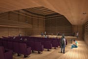Ansicht des Kammermusiksaals im Neubau der Hochschule Luzern. (Bild: Visualisierung: Hochschule Luzern)