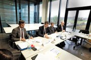 Von links: Andreas Möller, Mathias Kammüller, Hans Marfurt und Stefan Gryglewski vom Trumpf-Management an der gestrigen Medienkonferenz.Bild: Bernard Marks (Baar, 10. November 2016)
