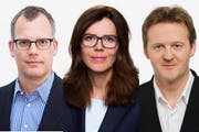 Nehm an der Diskussionsrunde teil: Beat Soltermann (USA), Ruth Bossart (Türkei) und Christof Franzen (Russland, von links). (Bilder: SRF)