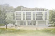 Ansicht des Neubaus von der Rückseite her. Auf diese Seite hin ist das Quartierzentrum ausgerichtet. (Bild: Büro Konstrukt)