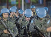UNO-Blauhelmsoldaten aus Brasilien bei der offiziellen Verabschiedung in Haiti. (Bild: Junior Emmanuel/EPA (Port-au-Prince, 5. Oktober 2017))