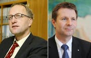 Sind momentan im Clinch wegen der Unternehmens-gewinnsteuer: Der Zuger Finanzdirektor Peter Hegglin und sein Kollege aus Luzern, Marcel Schwerzmann. (Bilder Stefan Kaiser/Neue ZZ und Eveline Bachmann/Neue LZ)