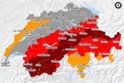 Die Lawinengefahrenkarte für den Montag, 22. Januar 2018. Dunkelrot entspricht der Gefahrenstufe sehr gross (fünfte Stufe). Dies ist die höchste Stufe. Rot entspricht der Gefahrenstufe gross (vierte Stufe). (Bild: Screenshot Naturgefahrenkarte www.naturgefahren.ch (22. Januar 2018))