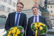 Die neu gewählten Regierungsräte Urs Janett von der FDP (links) und Dimitri Moretti von der SP. (Bild: Keystone / Urs Flüeler)