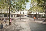 Aussenansicht des geplanten neuen Schulhauses Staffeln. (Bild: Visualisierung nightnurse images)