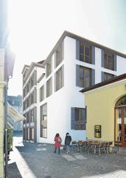 Der Neubau, gesehen aus Richtung Sternenplatz. Links die Hans-Holbein-Gasse. (Bild: Visualisierung Newport)