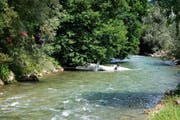 Der Segelflieger muss aus der Sarneraa geborgen werden. (Bild: Polizei Obwalden)