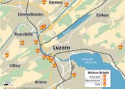Die Karte zeigt, wo der ehemalige Feuerwehrmann zwischen den Jahren 2000 und 2008 Brände gelegt hat. (Bild: Grafik Neue LZ)