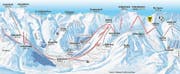 123 Pistenkilometer, 15 neue Anlagen: Der Übersichtsplan zeigt die Anlagen im neuen, dereinst zusammengeschlossenen Skigebiet Andermatt-Sedrun. Die roten Anlagen sind neu, acht davon ersetzen bestehende Anlagen (bestehende sind schwarz markiert). (Bild: Neue LZ)