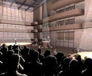 Ob die Vision der Salle Modulable je in die Realität umgesetzt wird, ist noch völlig offen. (Bild: Visualisierung PD)