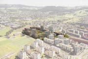 Die umstrittene Überbauung, die im Unterfeld geplant ist (dunkel eingefärbt), weist grosse Dimensionen auf. (Bild: Visualisierung)