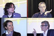 Sie warfen ein Schlaglicht auf die Medienlandschaft: Moderator Beat Mazenauer, Thomas Bornhauser, Chefredaktor der Neuen Luzerner Zeitung, Nationalrätin Yvette Estermann und Journalist und Philosoph Marco Meier (oben/unten, jeweils von links). (Bild: Christian Volken / luzernerzeitung.ch)