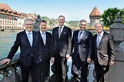 Die neue Luzerner Regierung (von links): Robert Küng (FDP), Marcel Schwerzmann (parteilos), Reto Wyss, Guido Graf (beide CVP) und Paul Winiker (SVP). (Bild Nadia Schärli)