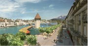 Das Siegerprojekt des Wettbewerbs: Mit zwei Baumreihen ähnelt die umgestaltete Bahnhofstrasse dem Schweizerhofquai. (Bild: pd/Visualisierung)