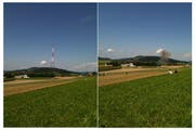 Vorher und nachher: Links steht der kleine Sendeturm noch. Rechts ist nur noch der Rauch der Sprengung zu sehen. (Bild: Leserbilder Simon Berger)