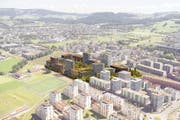 Ein Hauch von Manhattan auf der grünen Wiese zwischen Zug und Baar: die geplante Überbauung Unterfeld (dunkler gefärbt). (Bild: Visualisierung PD)