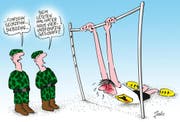 ““Beim letzten Mal hat er noch 54 geschafft.“” (Karikatur Jals/Neue LZ)