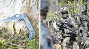 Links das brünierte Mehrzweckmesser «KnifeCombatUtility», rechts eine Einheit der US-Armee anlässlich einer Übung. (Bilder: Jakob Ineichen, GerryBroome/AP)