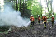 Die Feuerwehr löscht den Mottbrand in Galgenen. (Bild Kantonspolizei Schwyz)