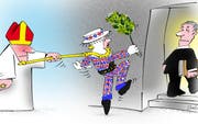 Der verlängerte Arm des Bischofs ist stärker als die Anziehungskraft des Gotteshauses. (Karikatur Jals)