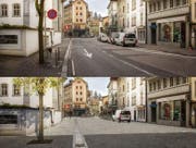 Südliche Burgerstrasse mit Philipp-Anton-von-Segesser-Platz vor und nach der Sanierung der Oberfläche. (Bild: Visualisierung: Studio 12 GmbH)